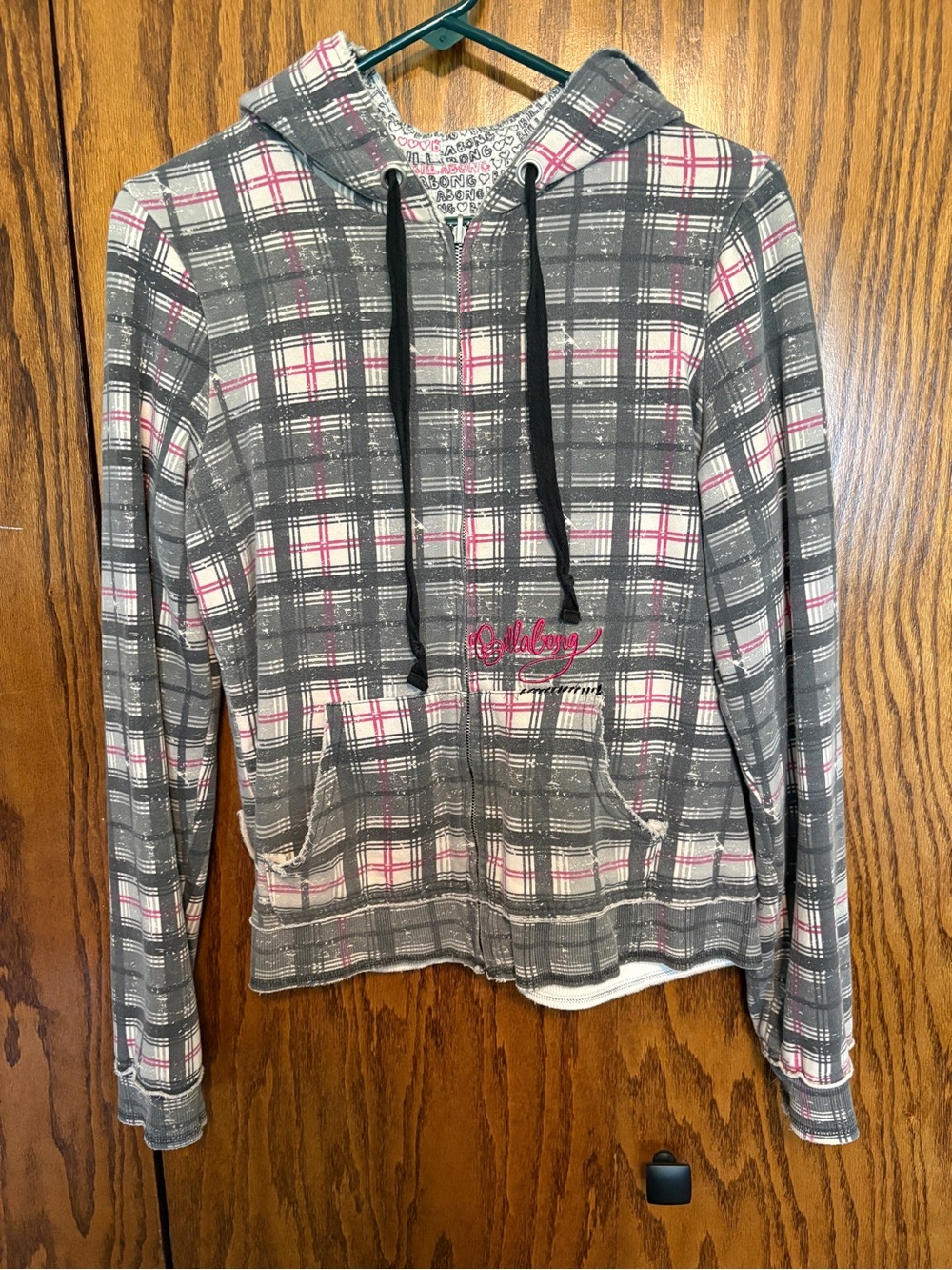 Billabong Gray Plaid Reversible Zip Hoodie with Pink Accents